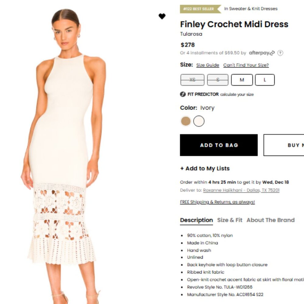 NWT Tularosa Finley Crochet Midi Dress - Size SM - IVORY